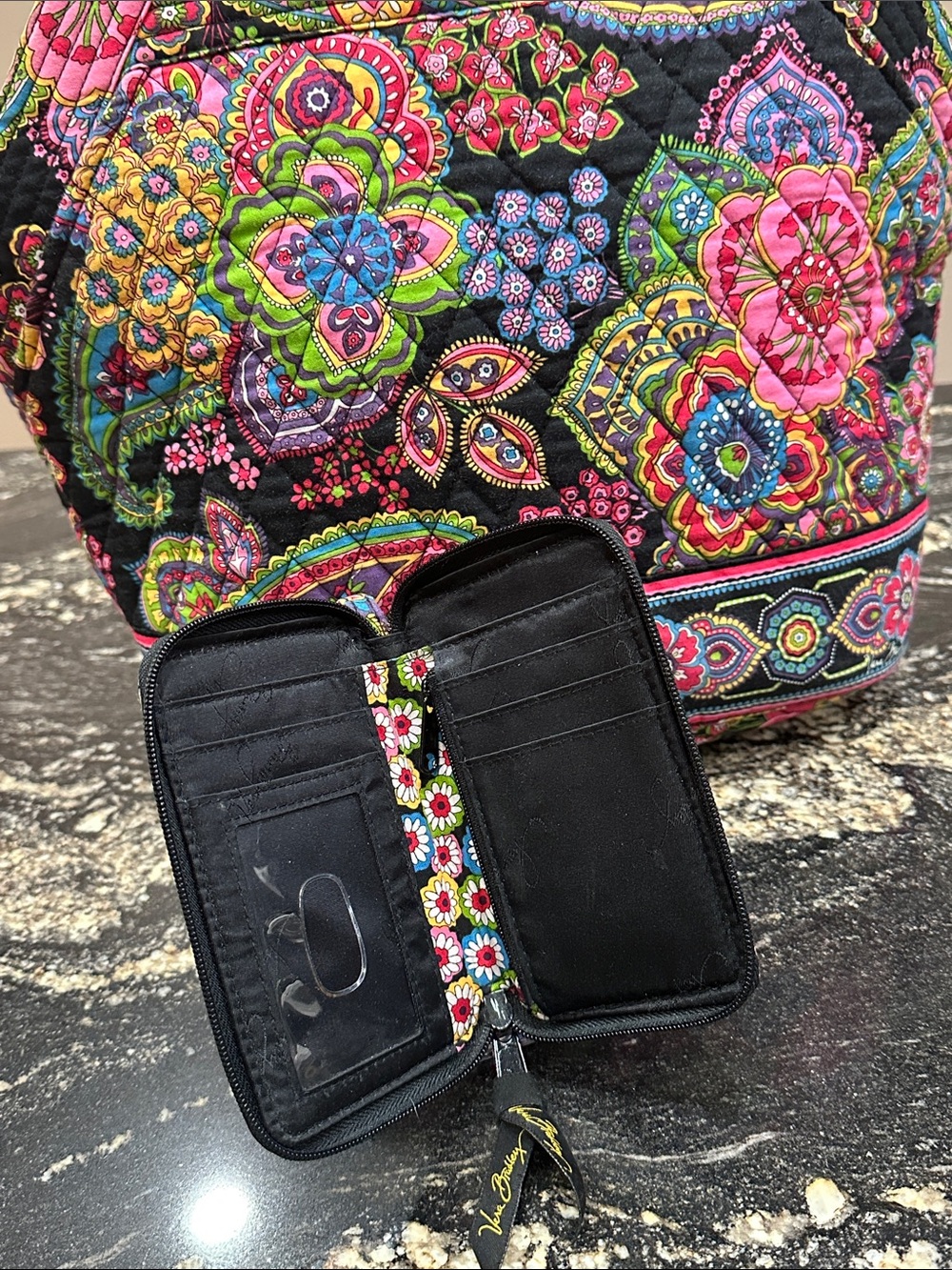 Vera Bradley Black Multicolor Floral Quilted Tote with Matching Wallet - Picture 12 of 14
